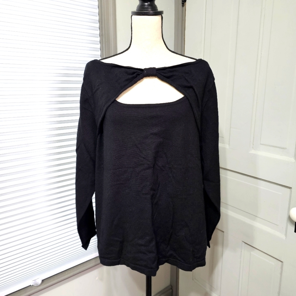 Lane Bryant Black Classic Long-Sleeve Cut-Out Wide-Neck Sweater
